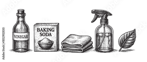 Vintage illustration of natural cleaning products including vinegar, baking soda, cloth, spray bottle and leaf, perfect for eco-friendly home care concepts.