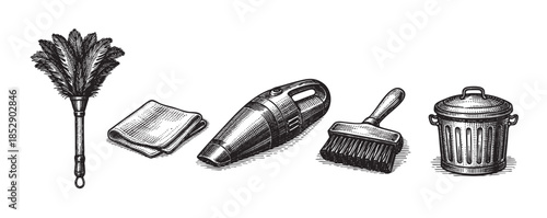 A black and white engraving style illustration displays a collection of household cleaning tools including a duster, cloth, vacuum, brush, and bin, isolated on a white background.