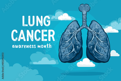 Lung cancer awareness month. Lungs disease prevention treatment world day cartoon banner, health care medical poster internal respiratory organ cloud blue sky vector illustration