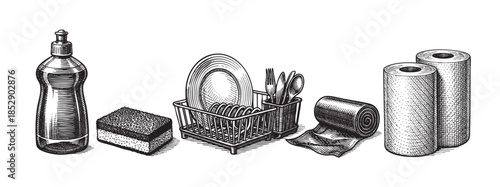 A vintage line art illustration displays essential kitchen cleaning items including a dish soap bottle, sponge, dish rack with plates and cutlery, paper towels, and a roll of paper.