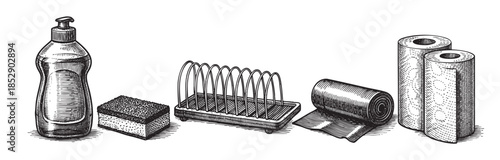 A vintage-style black and white illustration depicts essential household cleaning supplies including dish soap, sponge, toast rack, trash bag, and paper towels arranged in a line.
