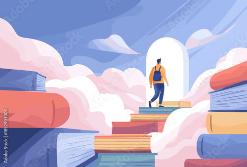 Man climbing on books. Student climbs up ladder of book to door knowledge bright future, career staircase mental development concept blue sky clouds landscape vector illustration