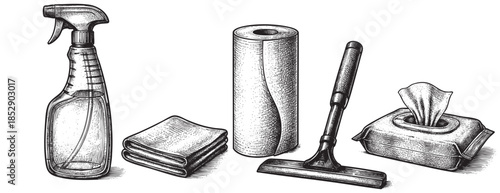 A vintage-style line art illustration depicts essential cleaning tools including a spray bottle, folded cloths, paper towels, and wipes.