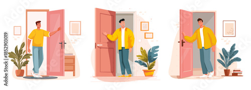 Man enters an apartment. Husband returned home from work, greeted family friend welcome home concept guy at open door house doorway entrance cartoon scenes set vector illustration