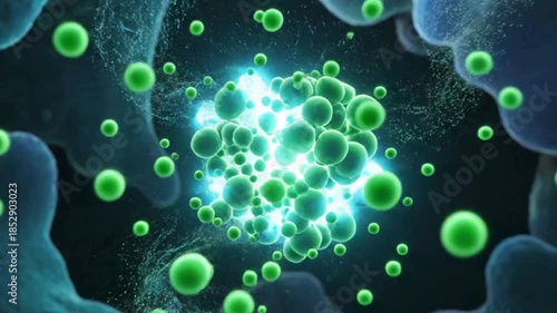Microscopic view of glowing blue and green particles interacting within a cellular or biological structure visualization