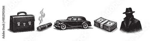 A vintage black and white illustration depicts a briefcase, smoking cigar, classic car, stack of money, and a silhouette of a man in a fedora, evoking a noir or mob theme.