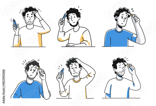 Man with fever hold thermometer. Sick guy checking body high temperature flu cold virus infection symptom influenza disease concept line character outline icons vector illustration