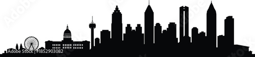 Atlanta Georgia city skyline silhouette including iconic landmarks like the state capitol building, SkyView ferris wheel, and downtown office skyscrapers.