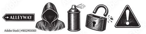 Black and white illustration collage of graffiti, hoodlum figure, spray can, open padlock, and warning sign representing urban crime and mischief.