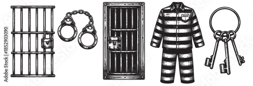 A black and white illustration depicts prison bars, handcuffs, a jail door, a striped prisoner uniform with the number 2368, and keys, symbolizing justice, crime, and confinement.