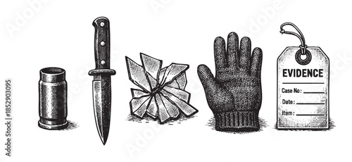 A black and white illustration depicts essential crime scene evidence including a bullet casing, knife, shattered glass, a glove, and an evidence tag, suitable for legal or mystery themes.