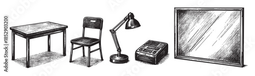 A black and white sketch depicts vintage furniture and equipment including a desk, chair, lamp, recorder, and mirror against a white background.
