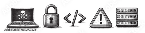 A monochromatic, illustrative style image featuring icons representing cybersecurity, including a laptop with a skull and crossbones, a padlock, coding brackets, a warning sign, and stacked servers.