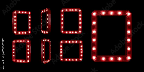 Realistic bulb signboards. Retro signage frames, vintage mirrors with bulb lights hollywood star makeup room movie theater banners mockup front side view set vector illustration