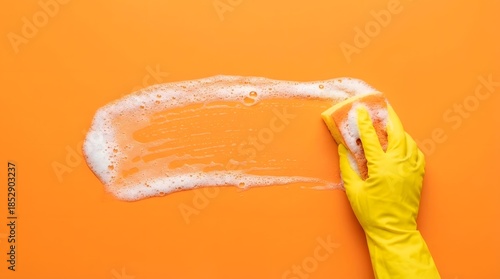 A hand in yellow glove holds sponge and wipes soapy foam on solid orange background. Represents cleaning services.