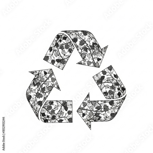 Flat design silhouette of green recycling arrows with leaves, representing sustainable lifestyle, isolated on white background, silhouette