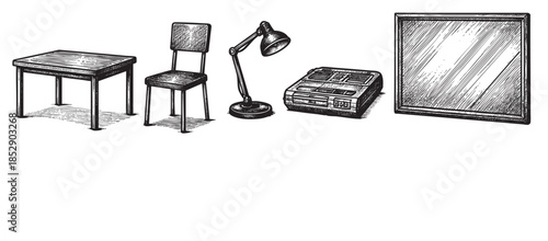 A black and white sketch depicts vintage furniture and equipment including a desk, chair, lamp, recorder, and mirror against a white background.
