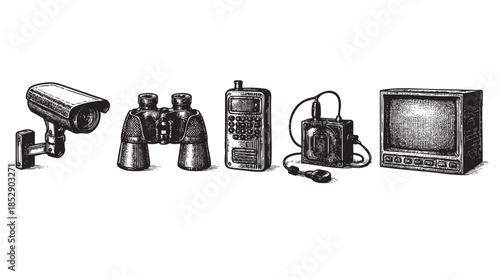 A black and white illustration featuring a collection of vintage security and surveillance equipment, including a CCTV camera, binoculars, walkie-talkie, and monitor.