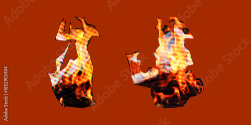 Halftone fire cut-out elements on dark burnt red background, torn organic flame shapes, glowing orange and yellow embers, pixelated print texture, high contrast heat distortion, experimental graphic c