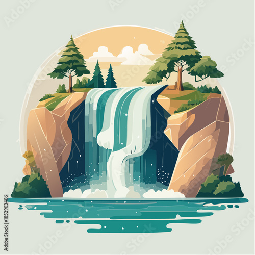 Stylized illustration of a waterfall cascading between rocky cliffs into a pool, with trees and a serene sky.