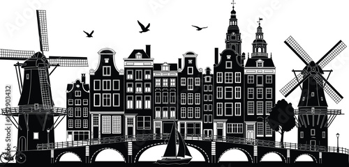 Amsterdam city skyline silhouette with traditional canal houses, historic windmills, arched bridge, sailboat, birds, and Dutch architectural landmarks on white.