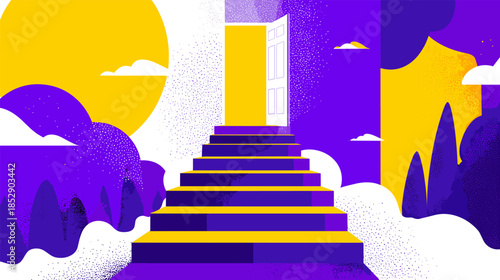 Staircase to door. Stair up surreal portal, doorway with light in darkness psychedelic background dimension magic fantasy landscape other worlds climb exit vector illustration