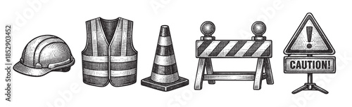 A hand-drawn illustration in a vintage sketch style features essential construction safety items including a hard hat, safety vest, traffic cone, barrier, and a caution sign.