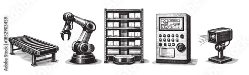 This black and white woodcut style illustration depicts various industrial automation components including a conveyor belt, robotic arm, shelving unit, control panel, and sensor.