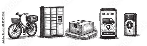 A vintage illustration showcases essential elements of a modern delivery service, including a bicycle, locker, package, and smartphone with tracking.
