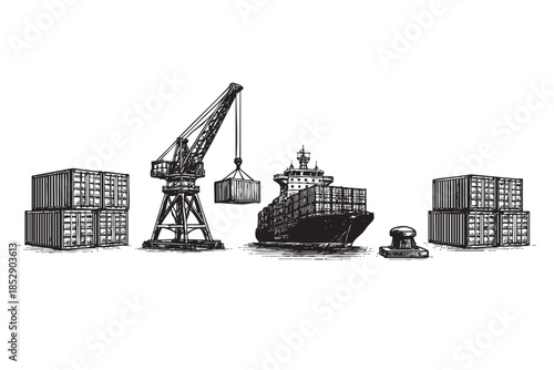 A black and white illustration depicts a busy port scene with a large cargo ship being loaded by a crane, surrounded by stacks of shipping containers and a mooring bollard.