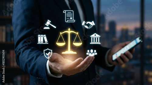 Businessman with smartphone holds glowing holographic legal icons, including scales of justice, gavel, and courthouse, symbolizing digital law and legal services consultation