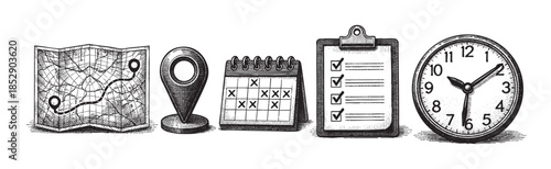 A collection of hand-drawn icons representing planning and travel, including a map, pin, calendar, checklist, and clock, on a white background.