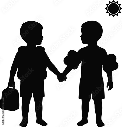 Silhouette of children holding hands, swim gear, backpack, armbands, sunny day, black figures, friendship, outdoor activity, summer fun, beach, pool, playful moment