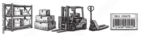 A vintage woodcut style illustration depicts warehouse logistics with a forklift, stacked boxes, a pallet jack, and a barcode, conveying efficiency and supply chain operations.