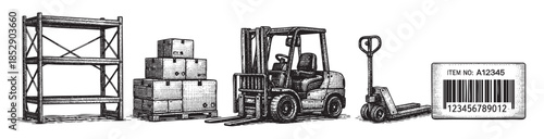 A vintage woodcut style illustration depicts warehouse logistics with a forklift, stacked boxes, a pallet jack, and a barcode, conveying efficiency and supply chain operations.