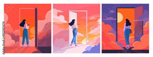 Woman at doorway. Young women open door to new life, sunrise sunset pink sky clouds landscape magic fantasy girl with phone imagination dreams freedom concept vector illustration