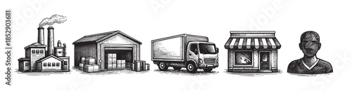 This black and white illustration depicts a factory, warehouse with boxes, delivery truck, storefront, and silhouette of a person, representing the supply chain process.