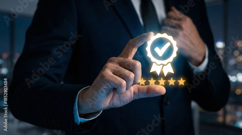 Businessman pressing virtual button 