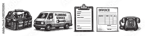 A vintage-style illustration depicts a toolbox, a plumbing service van, a clipboard with service details, an invoice form, and a rotary telephone, symbolizing trade work and business.