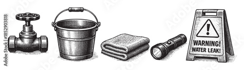 A vintage illustration depicts plumbing tools and a warning sign for a water leak, suggesting repair and maintenance.