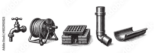 A classic black and white illustration showcases vintage plumbing fixtures including a faucet, hose reel, drain cover, pipes, and gutter, evoking a retro or historical feel for design projects.