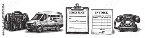 Vintage illustration of a plumbing service van, toolbox, service report, invoice, and rotary telephone, symbolizing trade work and business operations.