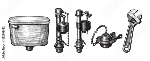 A detailed, black and white illustration in a vintage, engraved style, showcasing essential vintage toilet tank components and an adjustable wrench, ideal for plumbing or repair contexts.