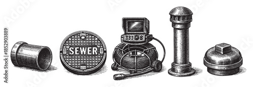 A set of vintage-style illustrations depict a sewer inspection camera, manhole cover, pipe fittings, and vent cap, suitable for industrial or historical themes.
