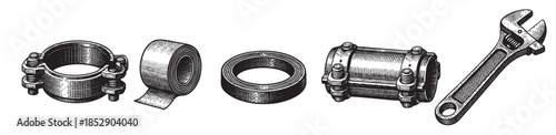 A detailed black and white illustration featuring vintage plumbing components and tools, including pipe clamps, tape, a ring, a coupling, and a wrench, presented in a clean, graphic style.