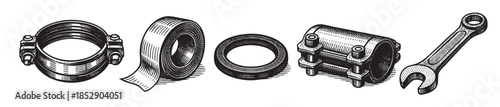 Engraved style illustration of plumbing parts like pipe clamps and tape, along with a wrench, presented on a white background with a retro aesthetic for industrial use.