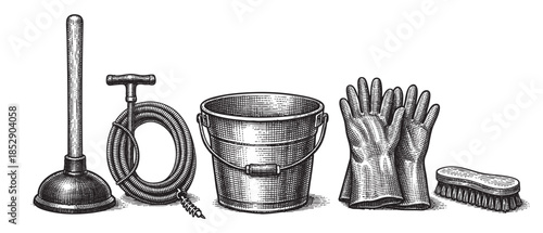 An engraved illustration of vintage cleaning tools including a plunger, hose, bucket, gloves, and brush on a white background, ideal for retro or DIY projects.
