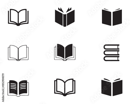 Set of book icons, opened and closed book, book stack on shelf, school and education symbols, flat vector
