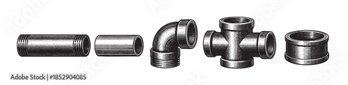 This vintage engraving-style illustration features a collection of metal pipes and plumbing fittings against a clean white background, perfect for design projects needing a classic industrial feel.