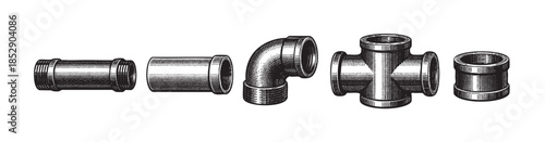 A detailed black and white line drawing of various vintage plumbing pipe fittings, including elbows, tees, and connectors, arranged on a white background, evoking a classic and industrial aesthetic.